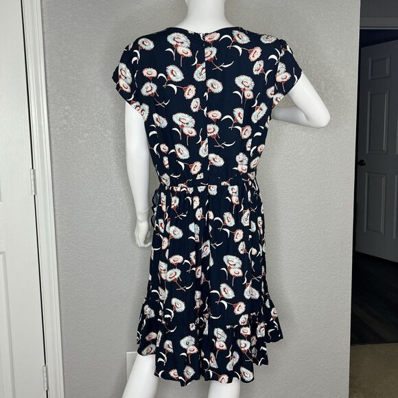 J Crew Size 14 Navy Blue Floral Print Ruffle Faux Wrap Dress Casual - Picture 4 of 7